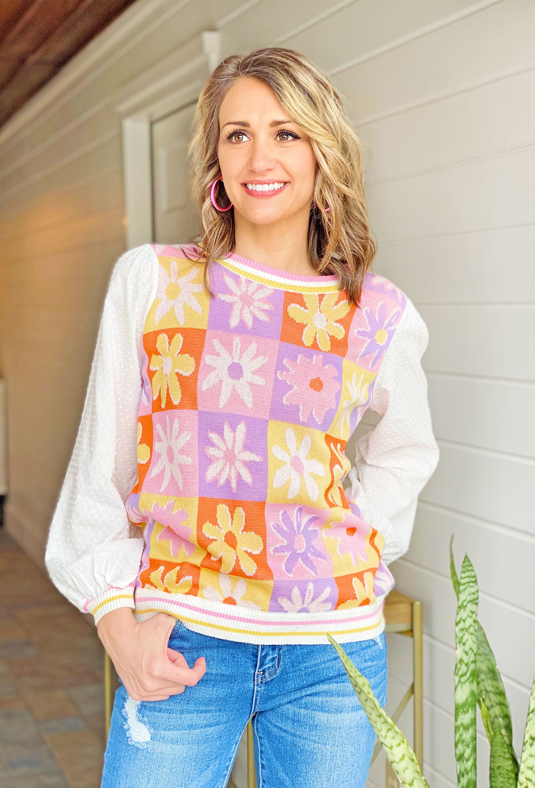 Flower Market Strolls Sweater, color block design with flowers, white sleeves