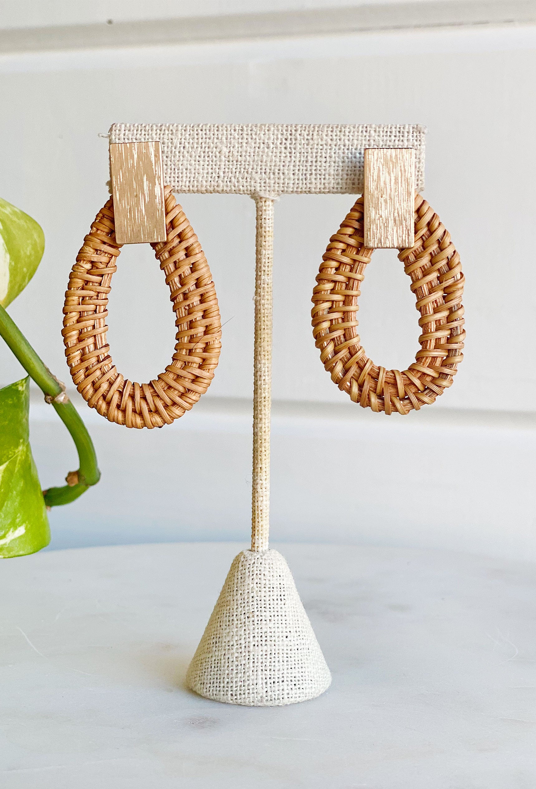 Forgotten Paradise Earrings, tan woven teardrop shaped earrings with gold post