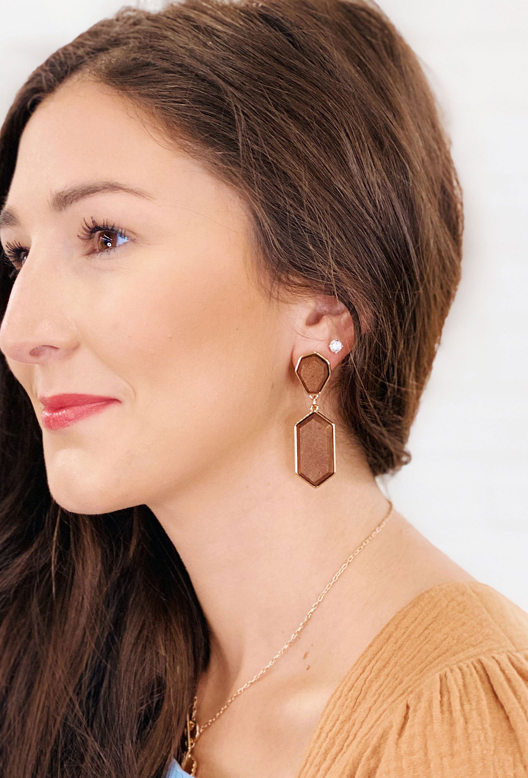 Geometric Wood Drop Earrings, Brown geometric earring with gold backing