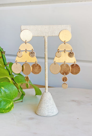 Girls Night Out Drop Earrings in Gold, gold circles and half circle gold pieces, post back