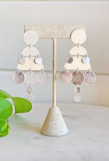 Girls Night Out Drop Earrings in silver, silver circles and half circle silver pieces, post back