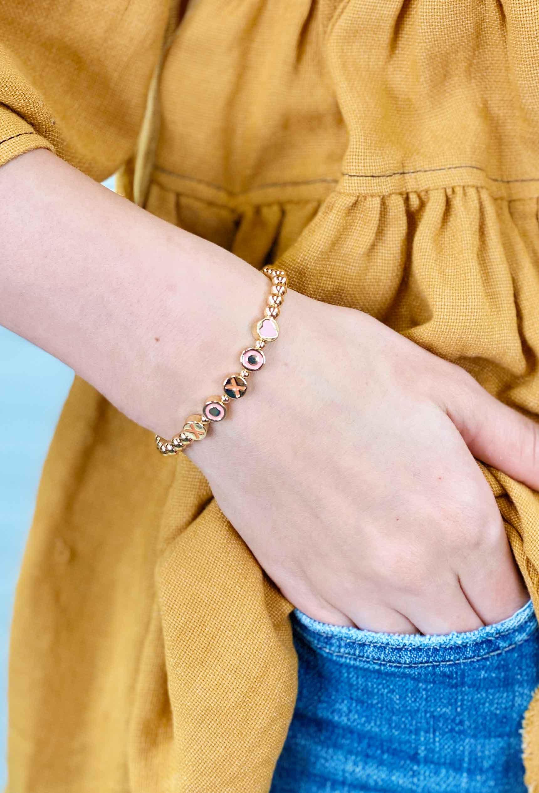 Gold Bead Word Stretch Bracelet, gold colorful word bracelets, xoxo bracelet