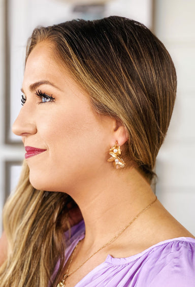 Gold Bloom Hoop Earrings, gold flowers with pearl center on a gold hoop earring