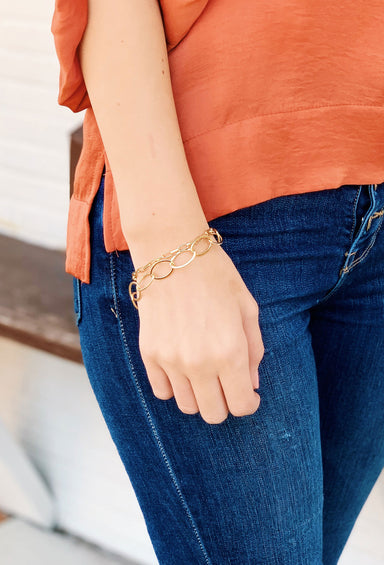 Gold Chain & Link Bracelet, double strand interlocking chain bracelet both different sizes