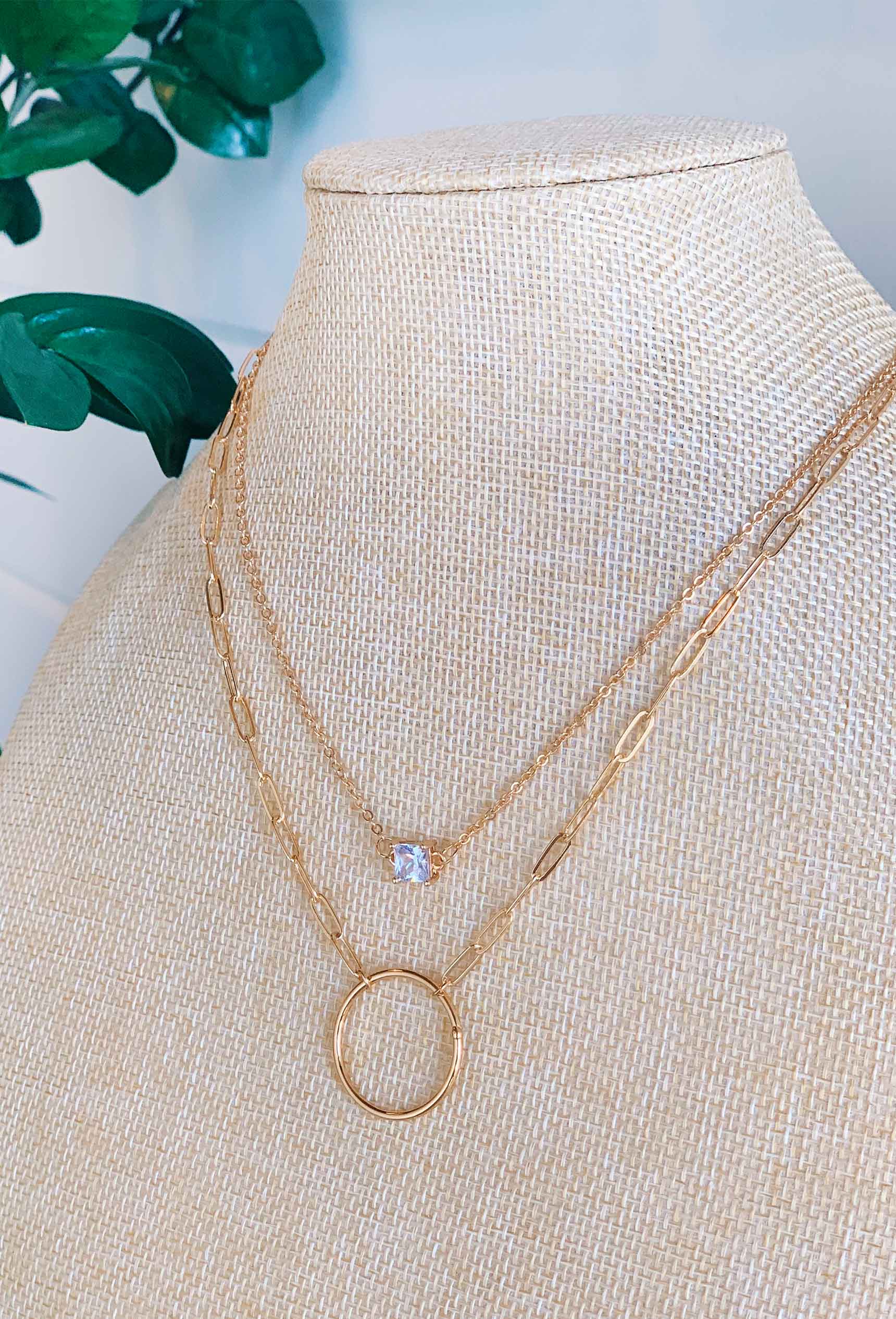 Gold Circle & Crystal Layered Necklace, layered gold necklace with crystal pendant and circle charm 