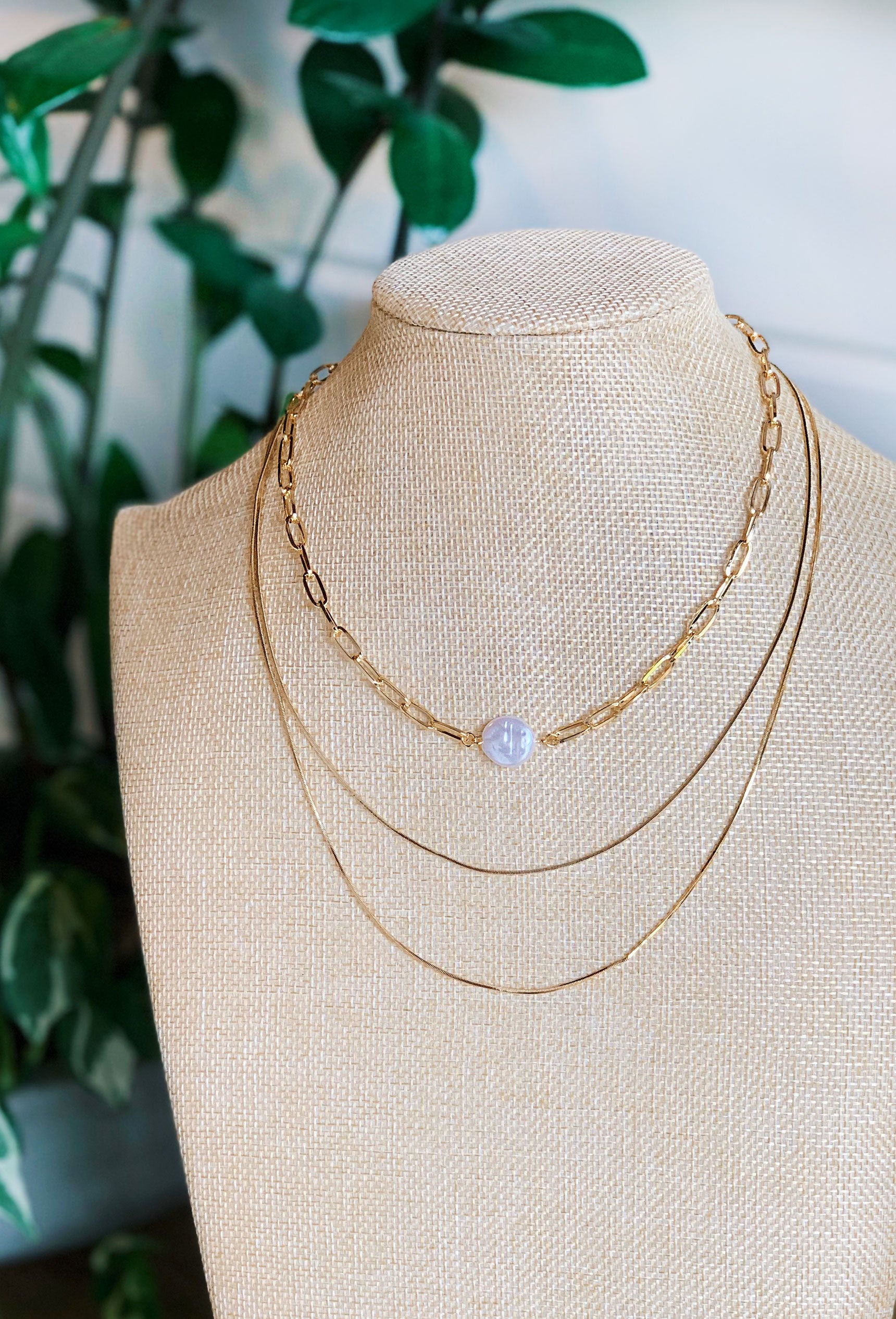 Gold Layered Chain & Pearl Necklace, 3 layered chain necklace with a paperclip chain and pearl pendant 