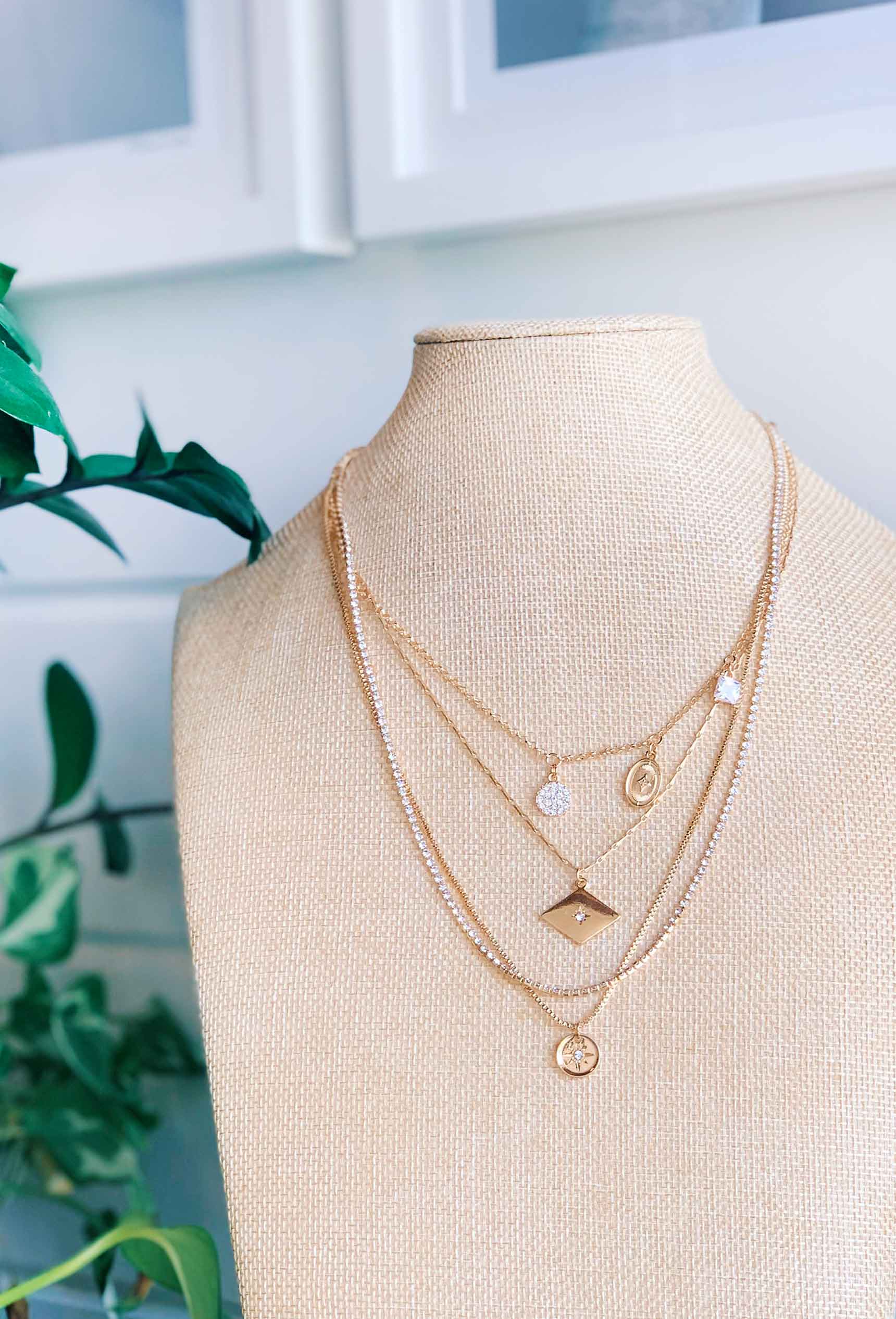 Gold Layered Crystal Pendant Necklace | Groovy's | Four in One Necklace