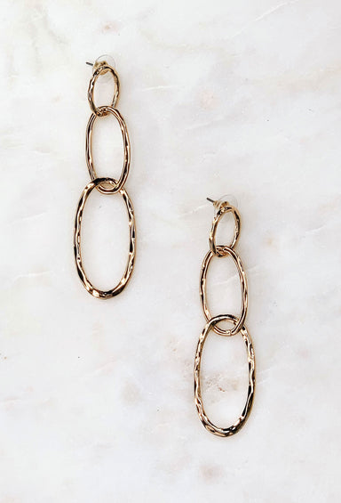 Gold Oval Chain Link Earrings, 3 gold over interlocking chain links on post backing