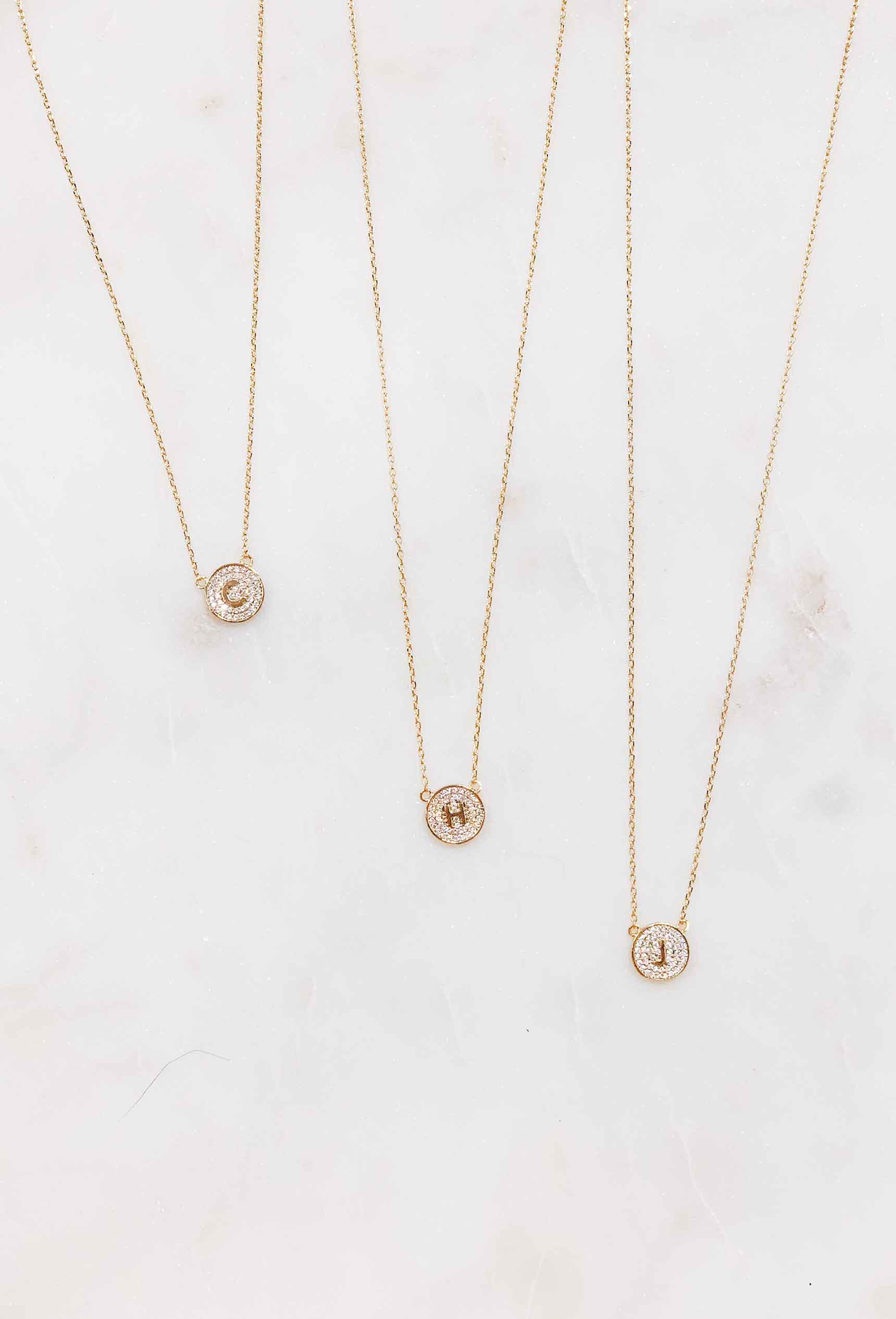 Gold Pave Coin Initial Necklace, circle gold crystal initial necklace 