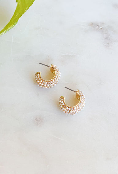 Gracie Pearl Hoop Earrings, which half hoop earrings, covered in tiny pearls