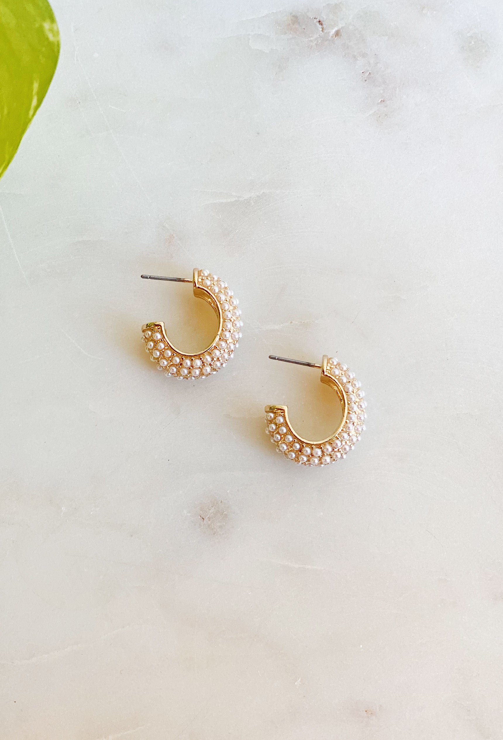 Gracie Pearl Hoop Earrings, which half hoop earrings, covered in tiny pearls