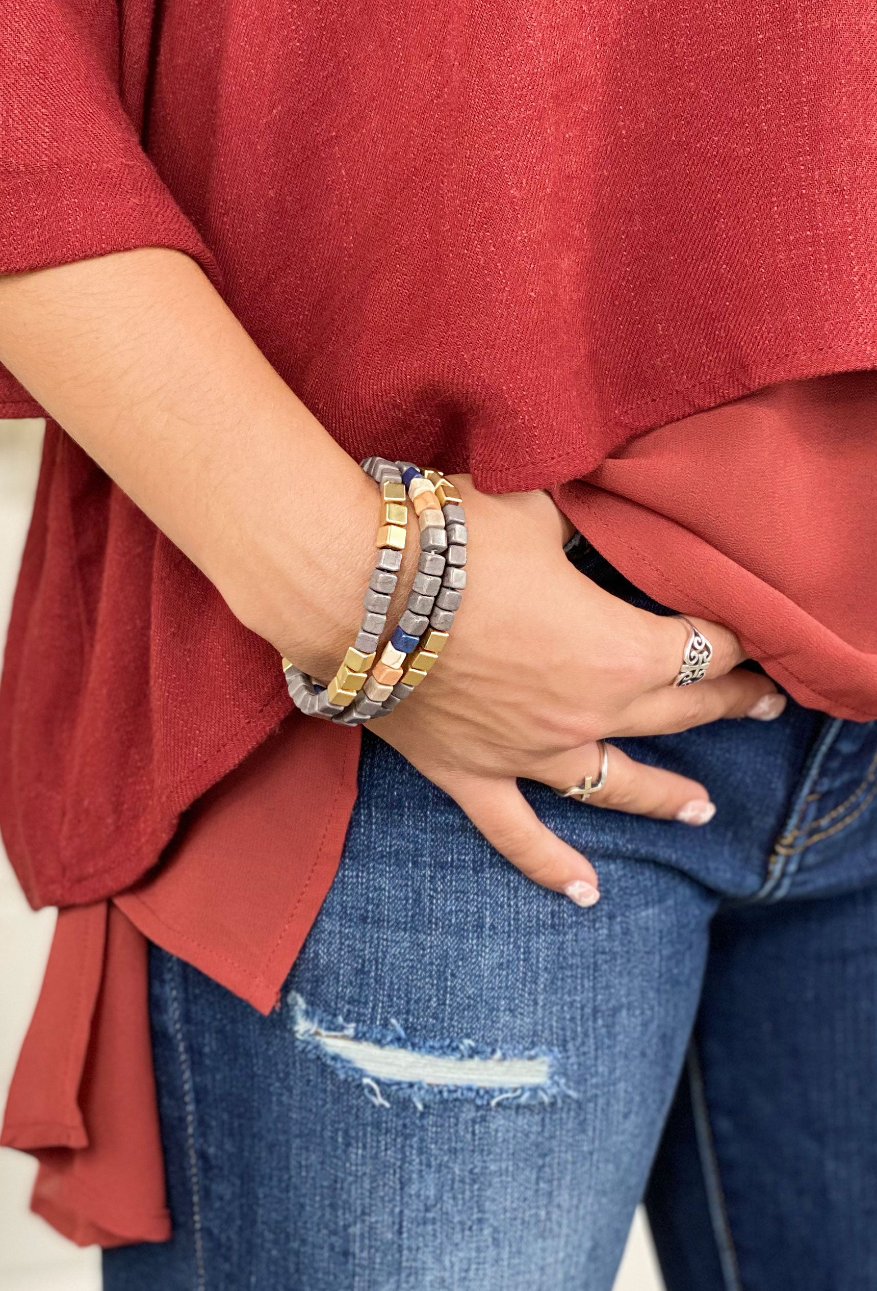 Halsey Matte Grey Stretch Bracelets, square beaded stretch bracelet with gray gold and blue beads 