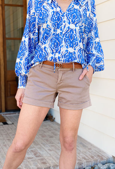 Hampton Shorts by Dear John in Cashmere, low rise shorts with rolled hem. light brown color