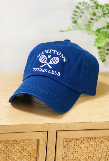 Hamptons Tennis Club Baseball Cap in Navy, navy hat with white Hamptons and tennis rackets embroidered in front