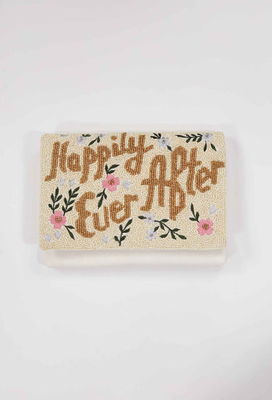 Happily Ever After Beaded Handbag, beaded clutch withhaooily every after slogan and floral detailing 
