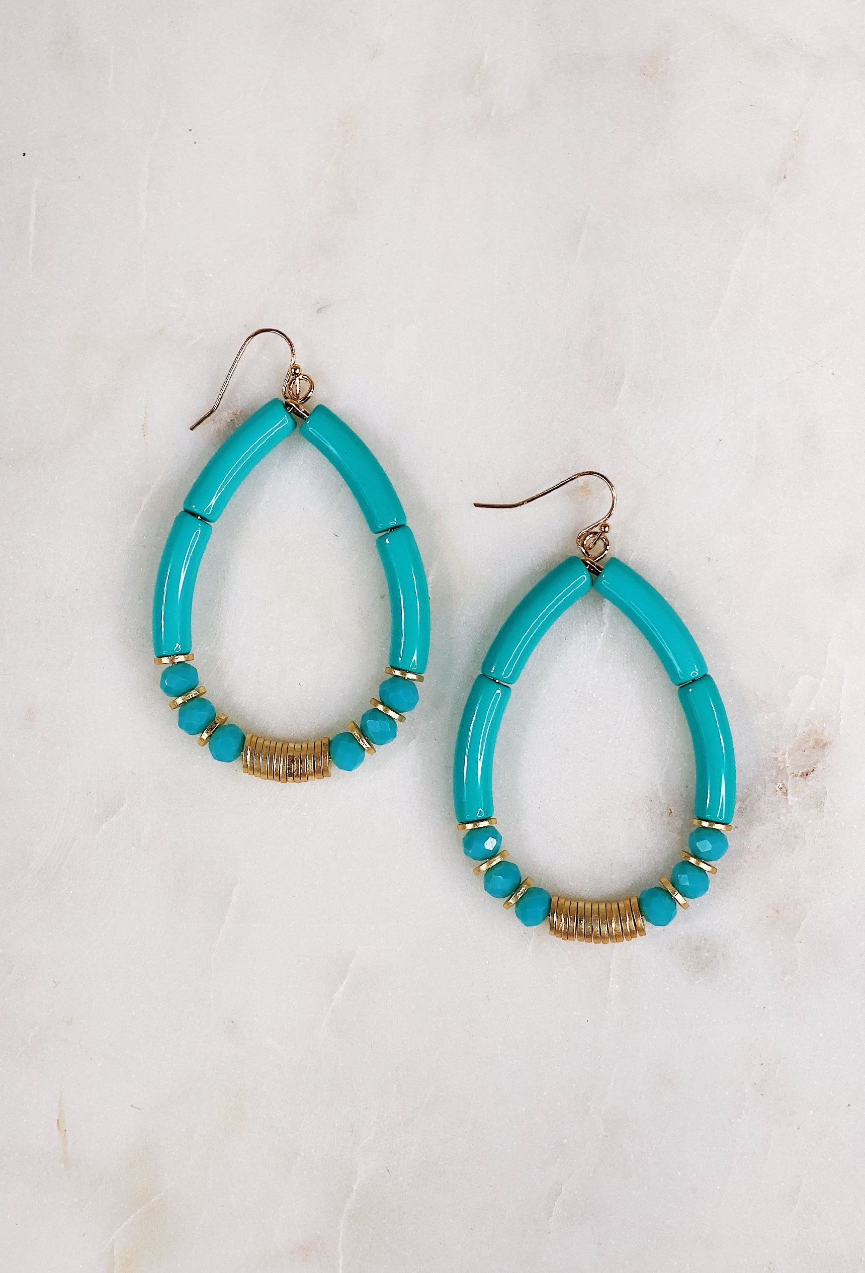 Happiest Here Acrylic Earrings in Turquoise, teardrop shape, acrylic beads, gold beads