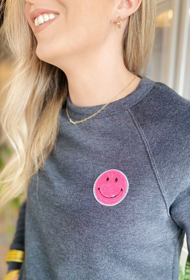 Happy To Be Here Pullover, grey pullover, smiley face patch with pink sequins