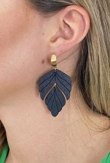 Hazel Wooden Leaf Drop Earrings in Black, wooden drop earrings, teardrop shape