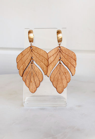 Hazel Wooden Leaf Drop Earrings in Brown, brown wooden drop earrings shaped like leaf, gold and brown