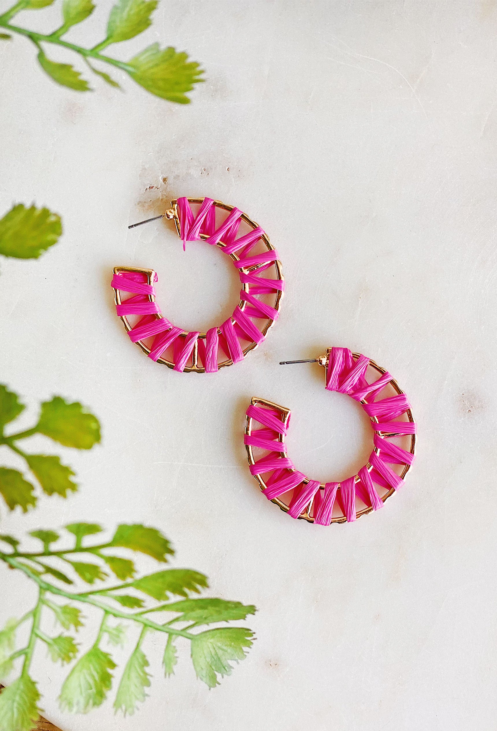 Heading To Paradise Earrings, gold hoops wrapped in pink 