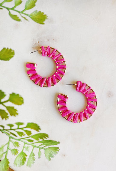 Heading To Paradise Earrings, gold hoops wrapped in pink 