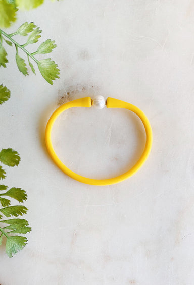 Hidden Treasure Bracelet in Yellow, rubber bracelet with pearl detail