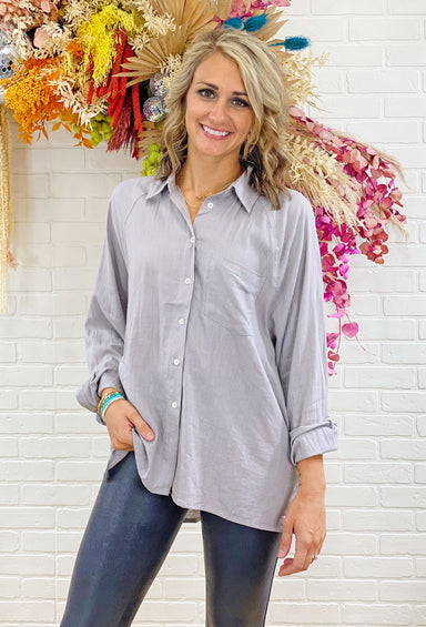 High-Low Button Up Top in Gray, grey button up, front pocket