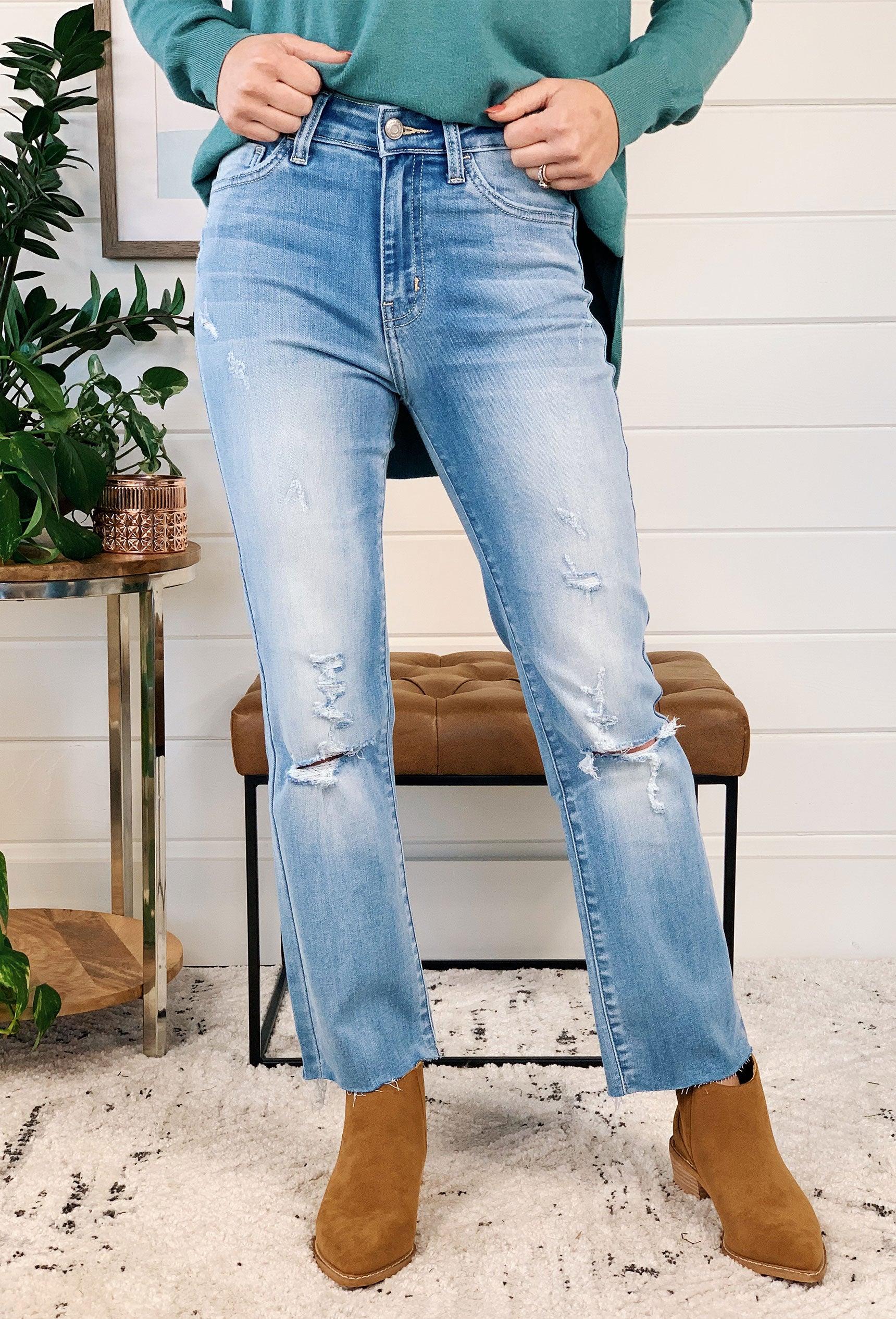 High Rise Ankle Straight Jeans, light wash distressed denim with raw hem cut 