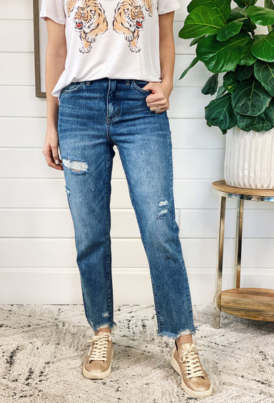 High Rise Distressed Mom Jeans by Vervet, medium washed distressed high waisted mom jeans 