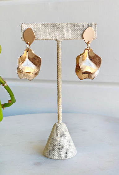 I Can Explain Earrings, gold post back earrings with wavy textured gold pieces