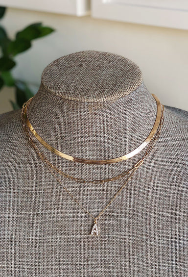 Initial Three Layer Necklace, Made up of a short snake chain, a medium sized link middle chain and a dainty chain with a crystal initial