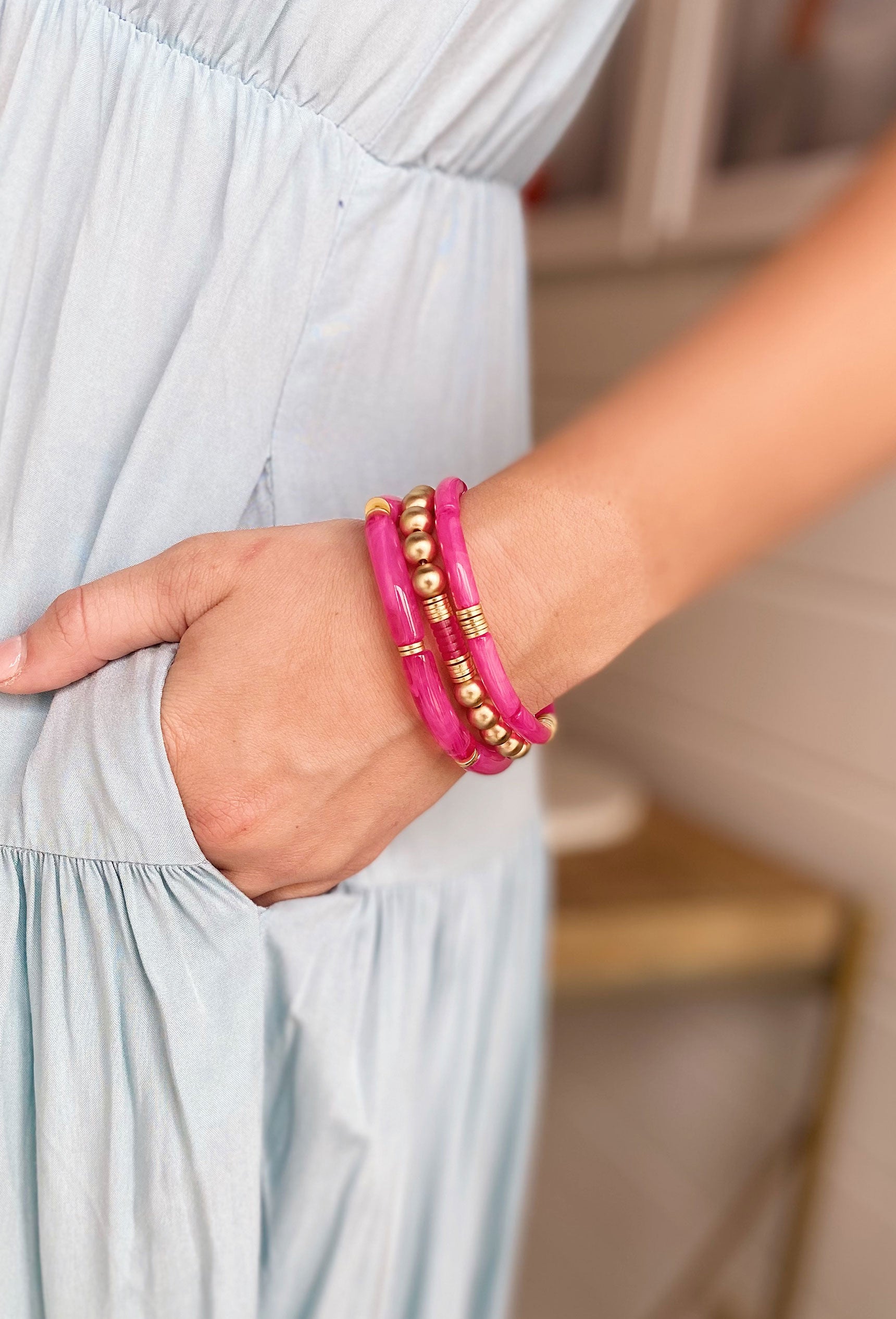 Island Beauty Acrylic Bracelet Set in Pink, hot pink acrylic bracelets, gold beads mixed in