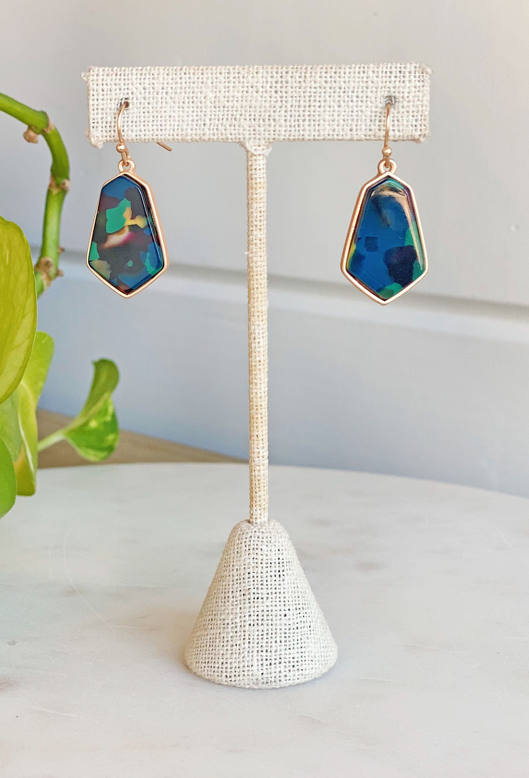 Jayda Drop Earrings in Green, geometric shaped earring with green and blue gemstone