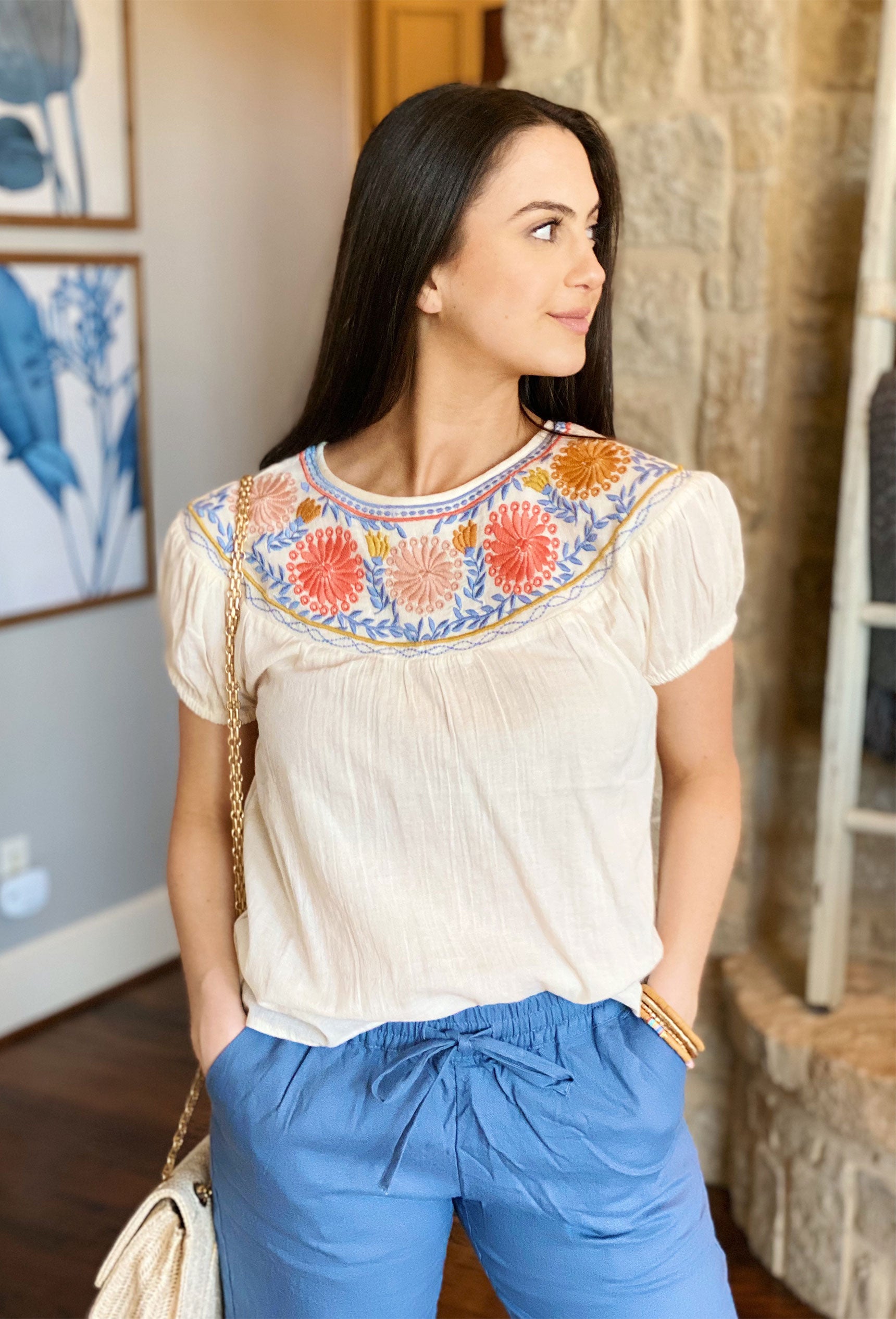Just in Time Embroidered Top, cream colored top, blue, coral and pink colored embroidery 