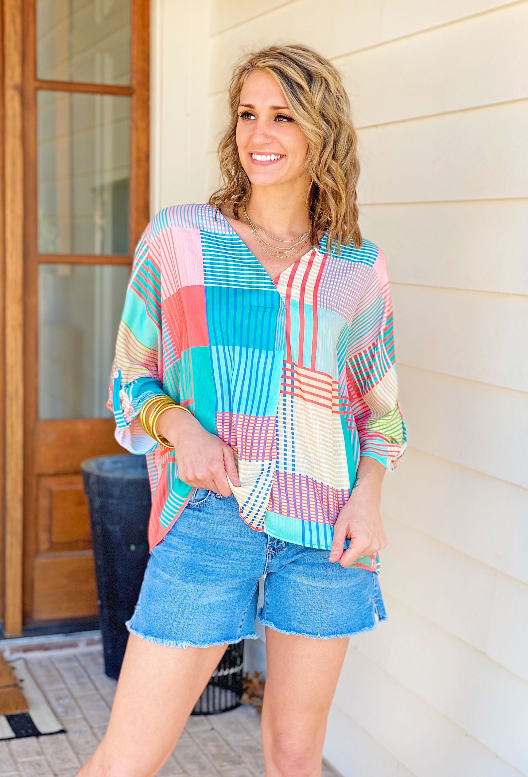 Just My Stripe Blouse, v-neck blouse with different colored striped all over shirt