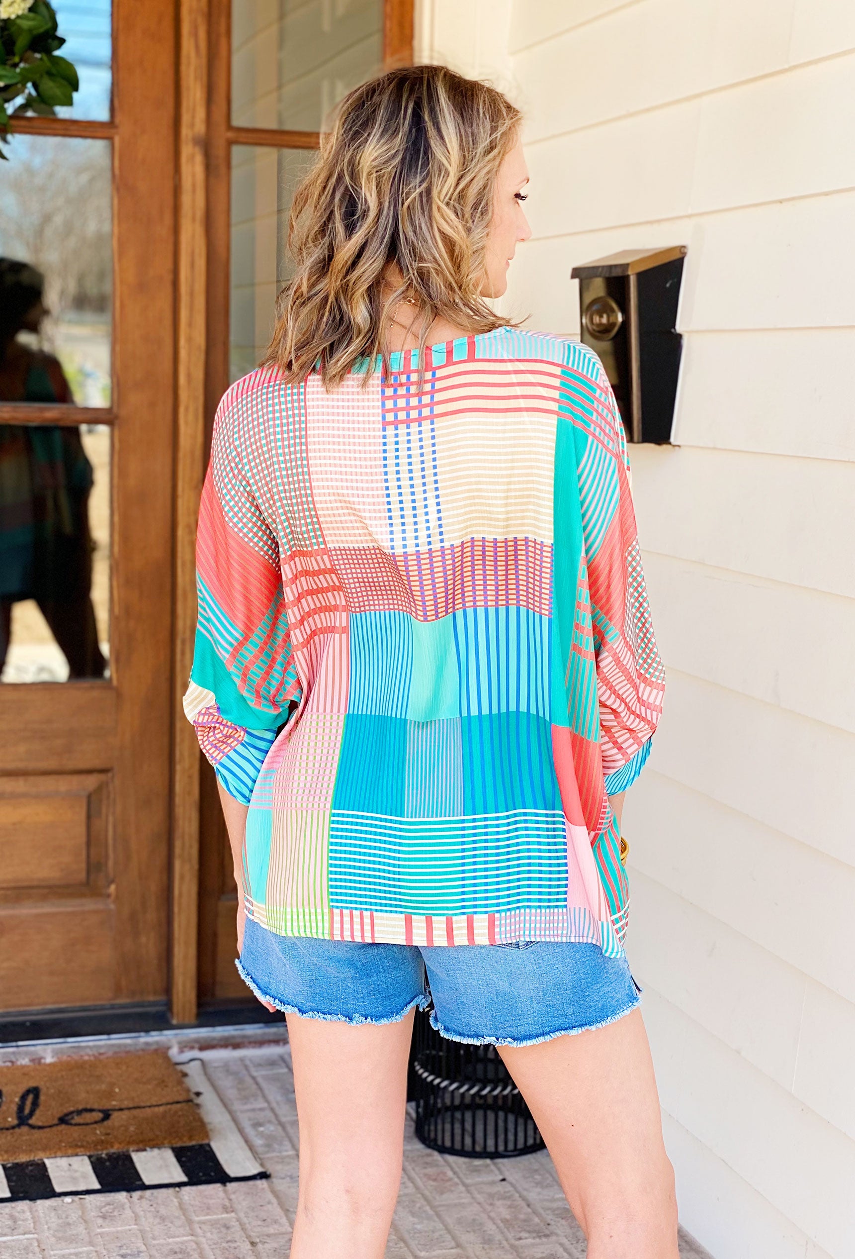 Just My Stripe Blouse, v-neck blouse with different colored striped all over shirt