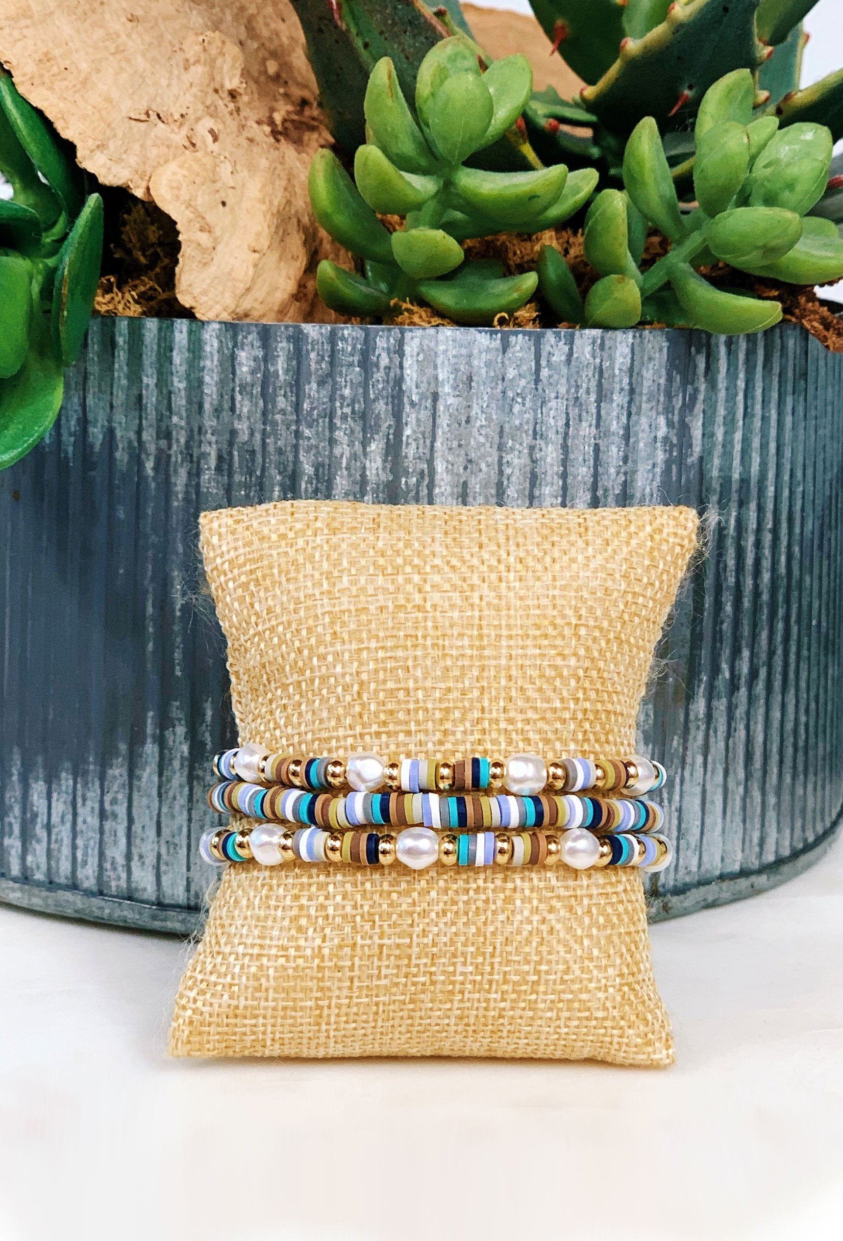 Karma Pearl Bracelets in Turquoise, blue hue vinyl disc bracelets with pearl beads 