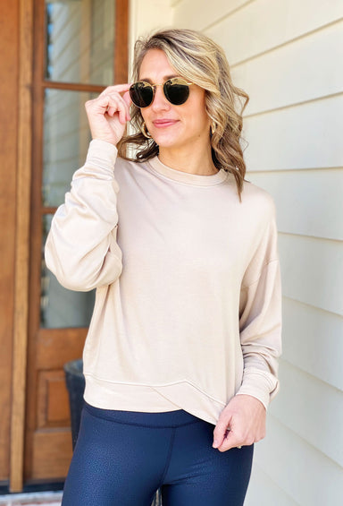 Keeping Cozy Pullover in Tan, tan pullover with v detail at the hem