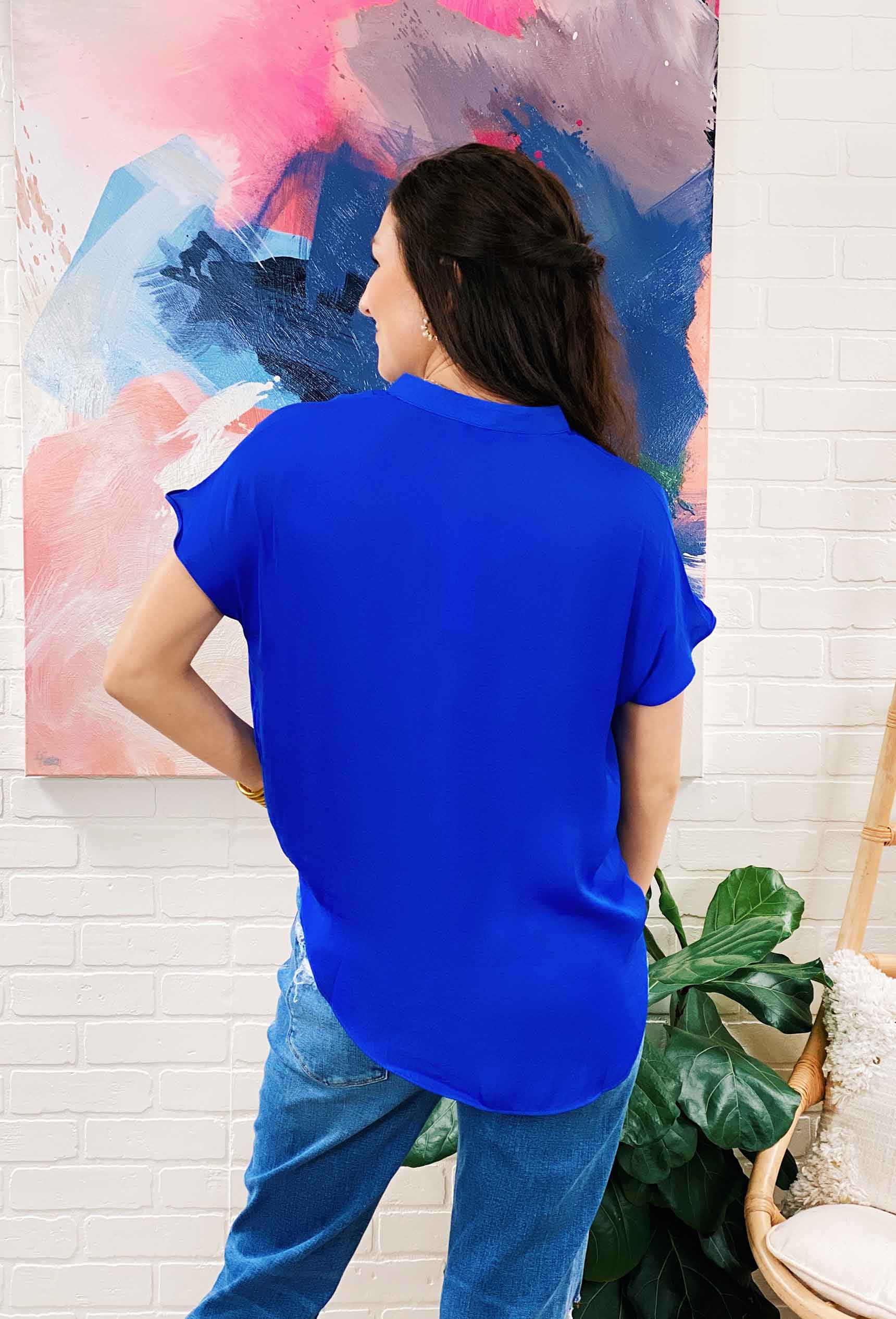 Kerry Blouse in Capri Blue, cobalt blue silk v-neck billowy sleeve blouse