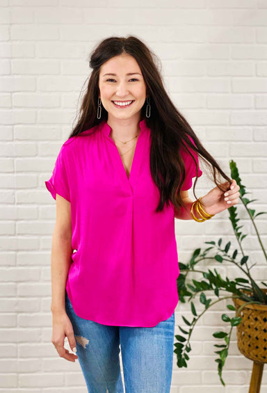 Kerry Blouse in Hot Pink, hot pink v neck silk blouse 