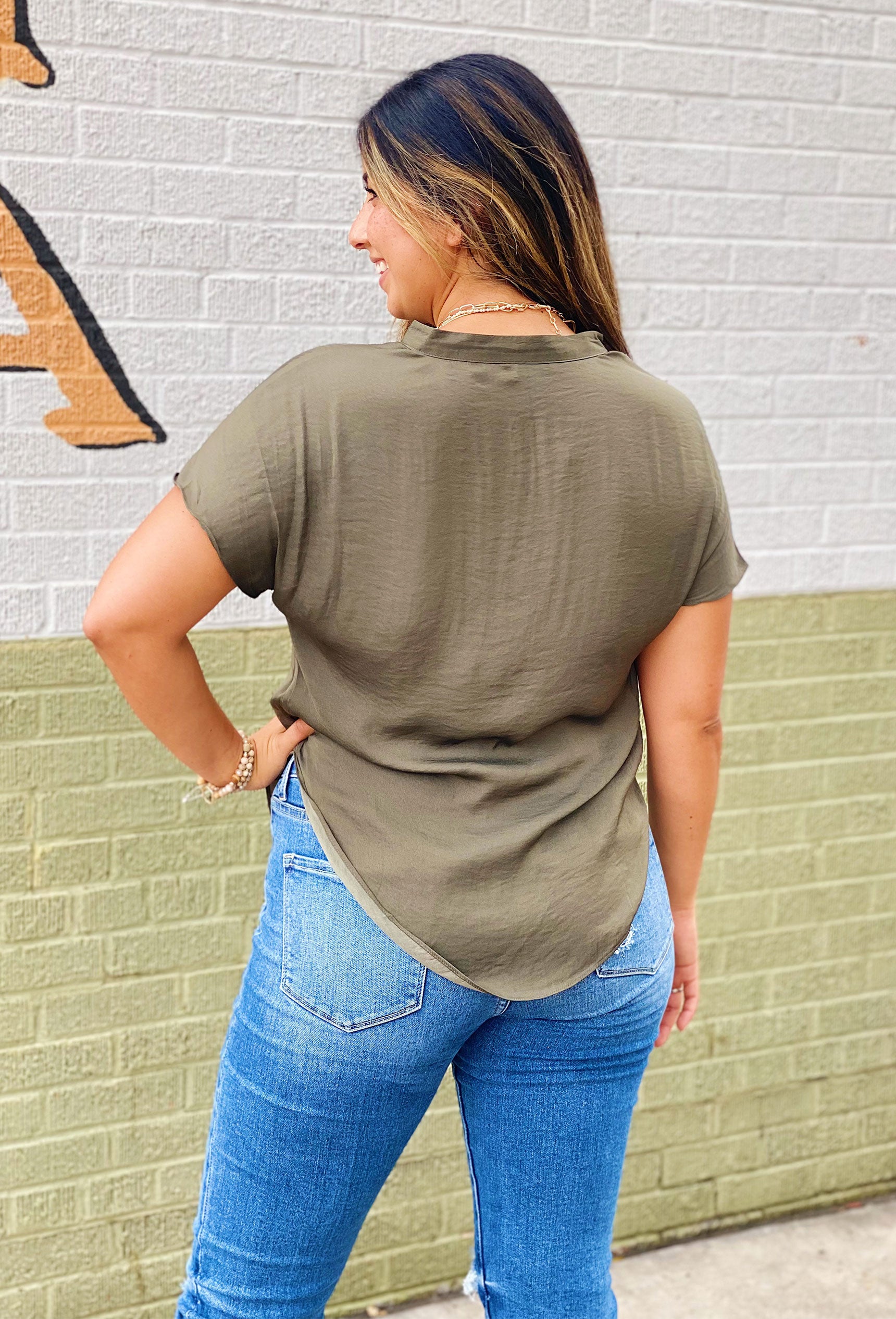 Kerry Blouse in Olive, short sleeve top, Olive colored top, v-neckline with pleat detailing