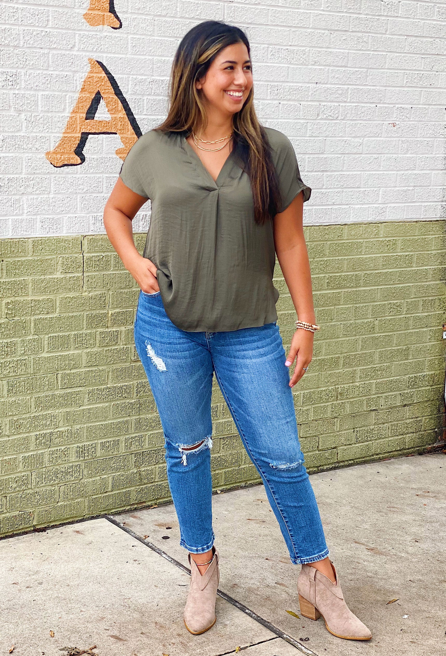 Kerry Blouse in Olive, short sleeve top, Olive colored top, v-neckline with pleat detailing