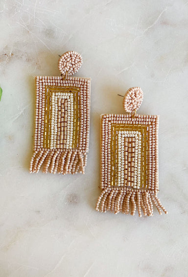Kirby Beaded Earrings in Tan, rectangle drop earrings, tan, gold ad ivory beads, beaded tassels