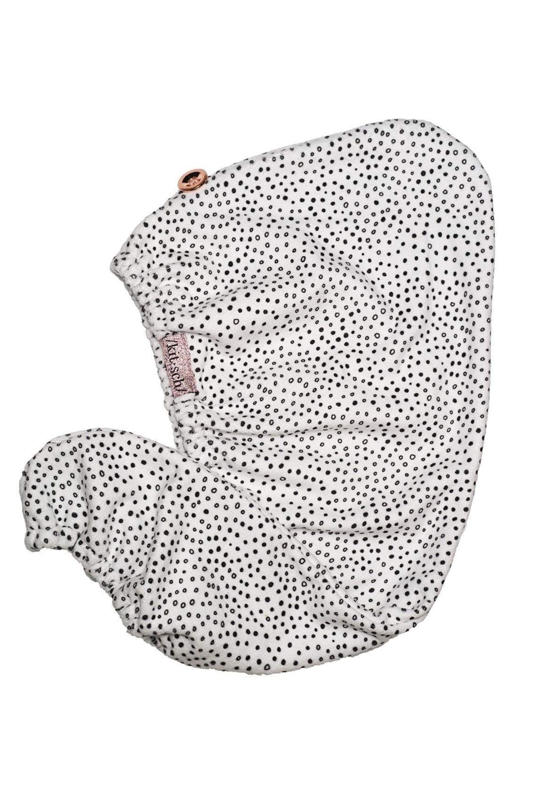 Kitsch Microfiber Hair Towel in Micro Dot, white hair towel with small black dots 