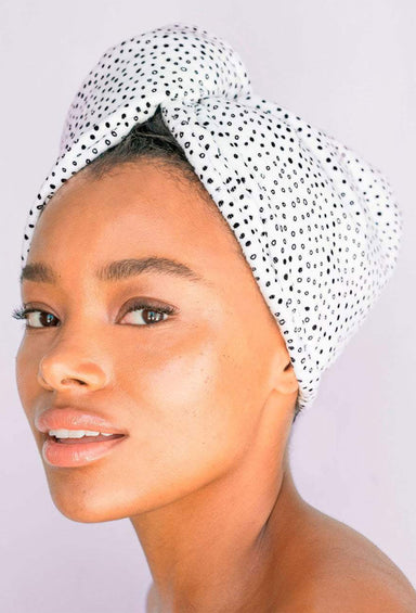 Kitsch Microfiber Hair Towel in Micro Dot, white hair towel with small black dots 