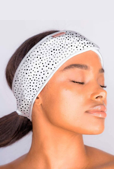 Kitsch Microfiber Spa Headband in Micro Dot, white towel velcro headband with small black dots 