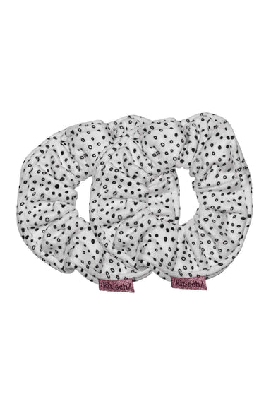 Kitsch Microfiber Towel Scrunchies in Micro Dot, set of two white towel scrunchies with small black polka dots 