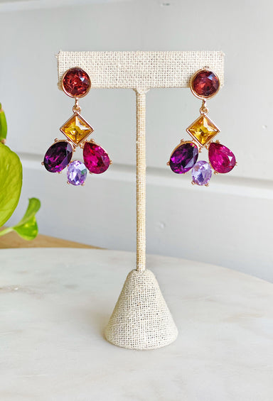 Knock Out Crystal Earrings, geometric shaped crystals, pink purple and yellow crystals 