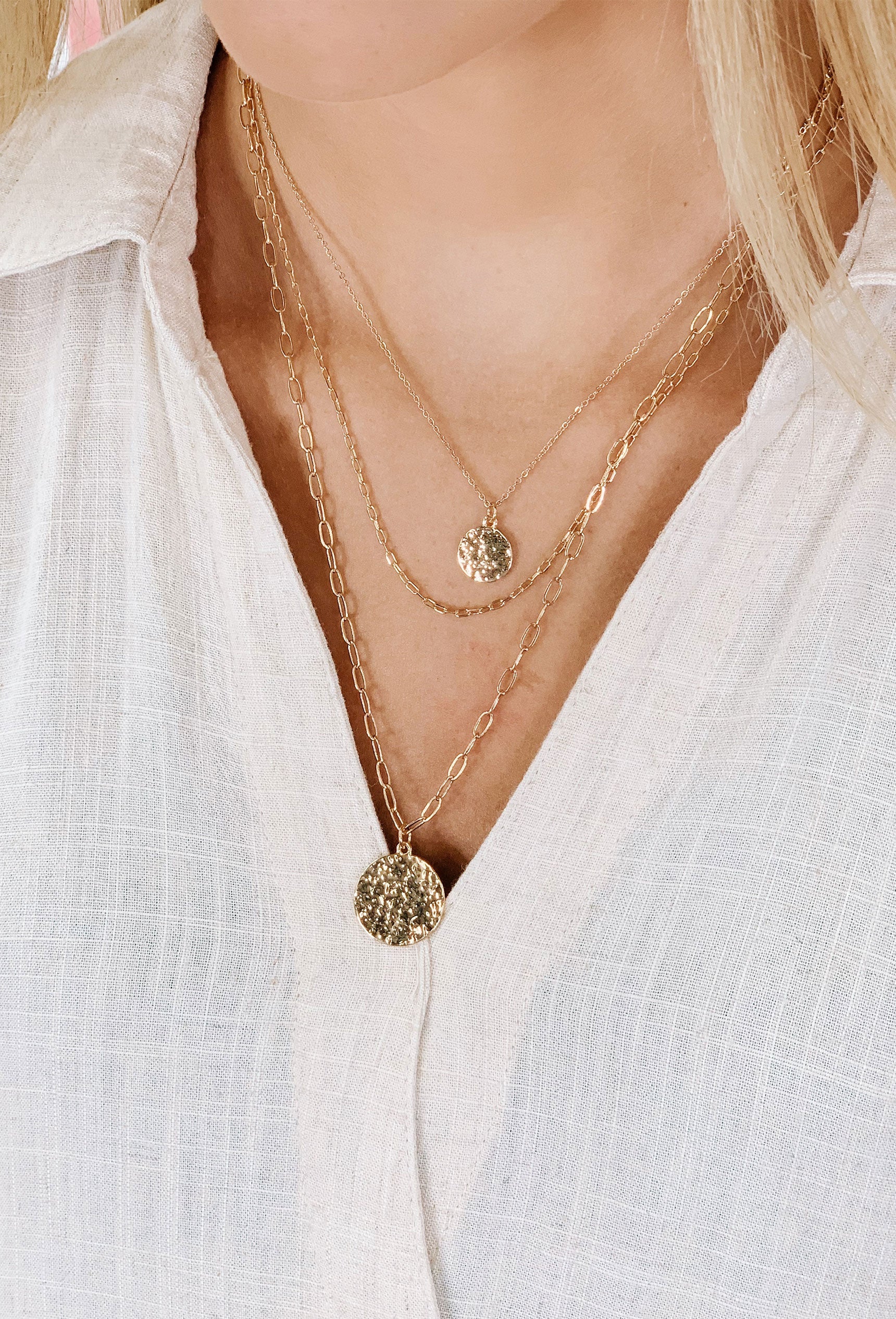 Layered Gold Coin Necklace, Lightweight, dainty chains with two textured charms, lobster clasp