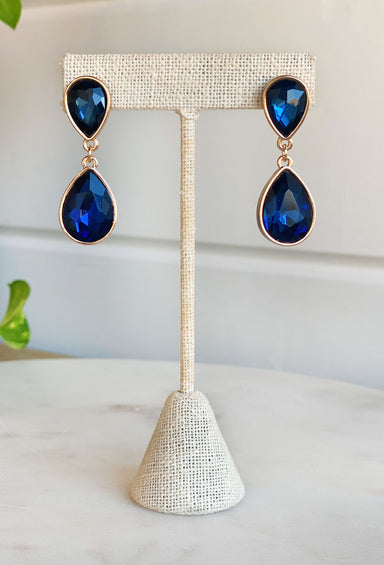 Leave A Little Sparkle Earrings in Sapphire, teardrop shaped earrings with blue sapphire crystals